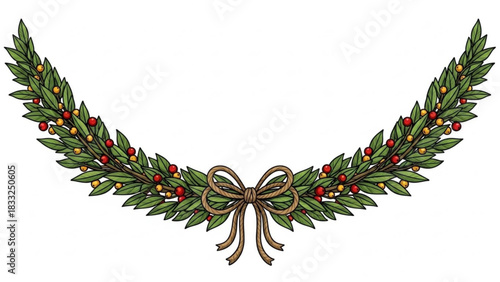 A festive garland of lush green leaves and red and yellow berries tied with a rustic twine bow perfect for holiday and seasonal decorations