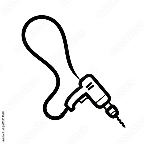 Minimalist black and white line art of a corded power drill.