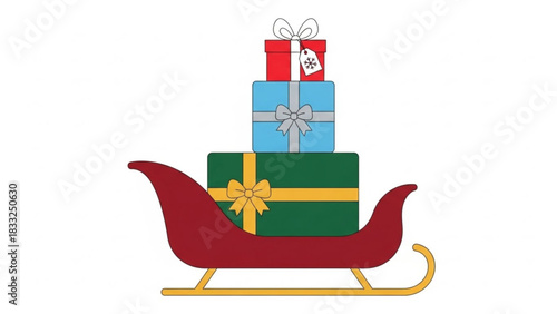 A festive red sleigh overflowing with a stack of colorful wrapped christmas presents adorned with bows and ribbons ready for holiday delivery