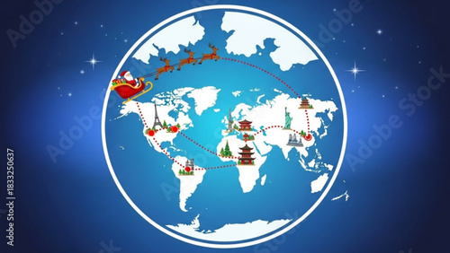 Santa claus and his reindeer flying around the world on christmas eve delivering gifts to famous landmarks across continents