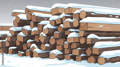 A large pile of cut logs covered in snow stacked in a forest setting during winter with a grey sky overhead