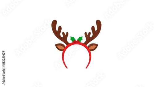 A festive red headband adorned with brown reindeer antlers green holly leaves and red berries perfect for christmas celebrations and holiday parties