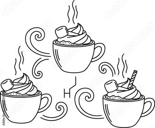 Three cups of hot chocolate with marshmallows and whipped cream line drawing