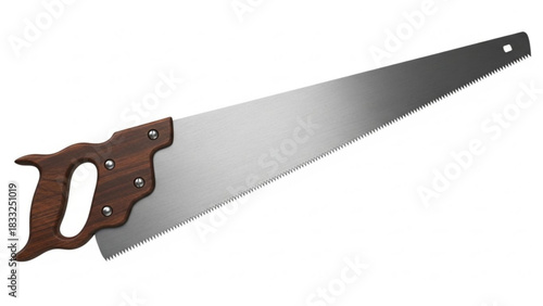 A classic wooden handled hand saw with a sharp metal blade and teeth isolated on a clean white background representing woodworking and diy projects
