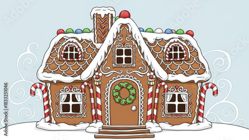 A charming and festive gingerbread house adorned with white icing snow candy canes gumdrops and a christmas wreath on the door set against a light blue swirling background