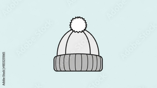 A simple minimalist illustration of a light grey knitted winter beanie with a white pompom on top set against a pale blue background