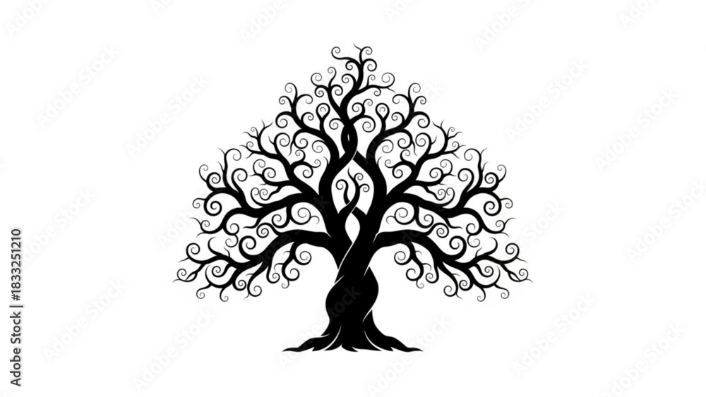 Obraz premium Silhouette of a decorative tree with swirling branches and a thick twisted trunk on a white background