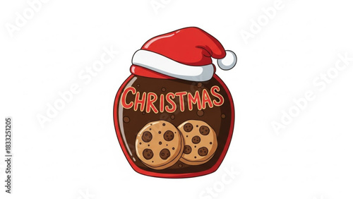 A festive jar filled with chocolate chip cookies and labeled christmas topped with a santa hat perfect for holiday baking and seasonal celebrations