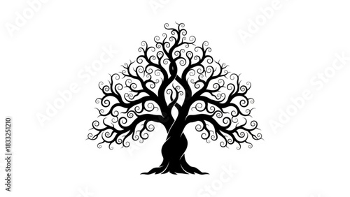 Silhouette of a decorative tree with swirling branches and a thick twisted trunk on a white background