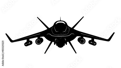Silhouette of a futuristic military aircraft with wings and engines on a white background view from front
