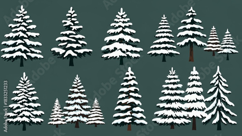 A collection of stylized evergreen trees covered in fresh white snow set against a deep teal background evoking a winter forest scene