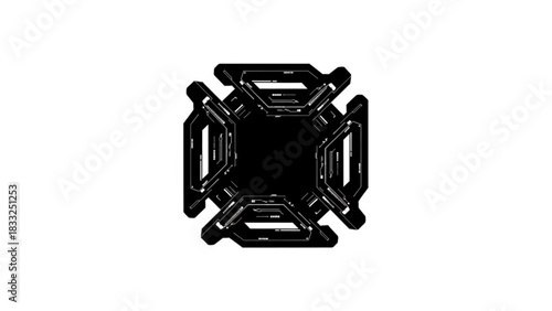 Complex black and white geometric design featuring a square shape with intricate line work and details