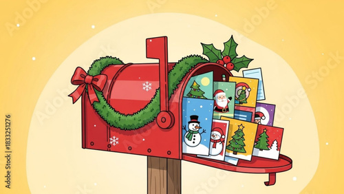 A festive red christmas mailbox overflowing with holiday cards featuring snowmen santa claus and decorated evergreen trees adorned with a green wreath and red bow