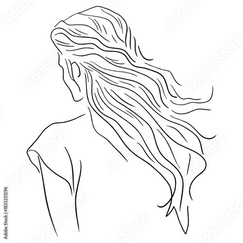 Minimal line art woman with flowing long hair from back view elegant feminine outline illustration