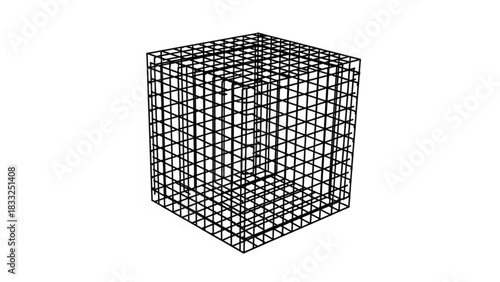 A wireframe cube with an inner cube creating a complex geometric and structural representation in black lines