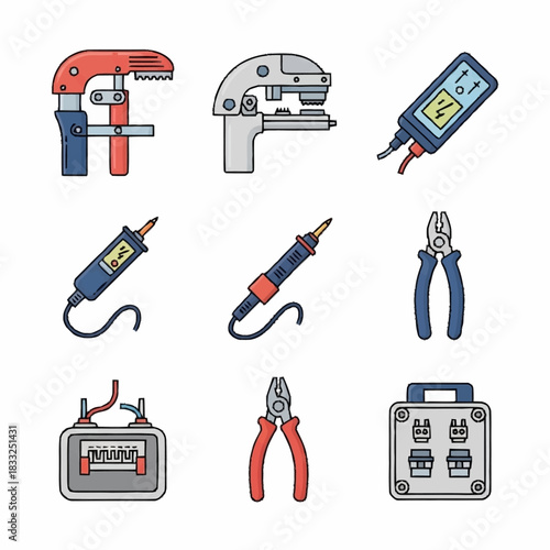 Colorful icon set of various electrical and workshop tools.