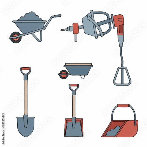 Construction Tools Set - Wheelbarrow, Mixer, Shovels, and Bucket.
