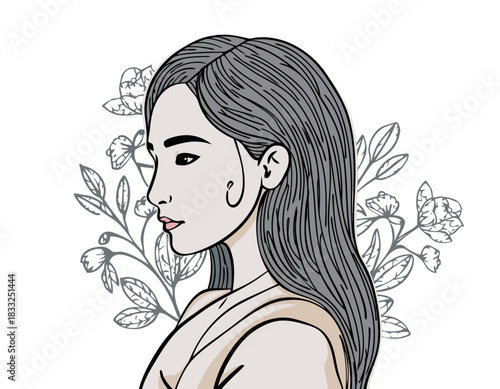 Bold Contemporary Line Art Portrait of a Woman With Dramatic Hair Movement Simple Beige Background Elegant Female Profile With Delicate Floral Accents and Subtle Lighting