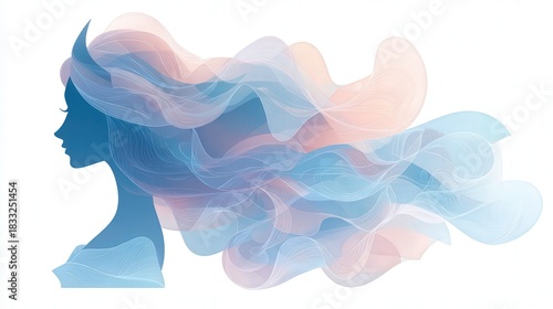 Abstract princess silhouette with flowing shapes and pastel gradients isolated on white background