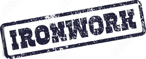 A grunge texture rubber stamp impression featuring the bold word IRONWORK in deep blue