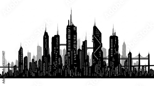 Silhouette of a futuristic city skyline with bridges and skyscrapers in a black and white illustration