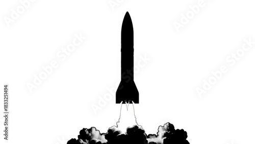 Silhouette of a rocket launching with smoke and fire against a white background in monochrome style