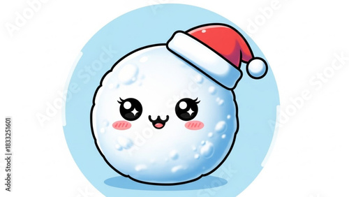 Adorable kawaii snowball character wearing a santa hat with rosy cheeks and big sparkling eyes perfect for festive holiday and winter designs