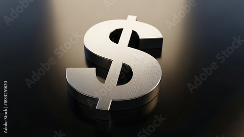 Silver Dollar Sign on Black Reflective Surface.