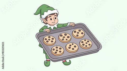 A cheerful cartoon elf wearing a green outfit and hat proudly presents a baking tray filled with freshly baked chocolate chip cookies
