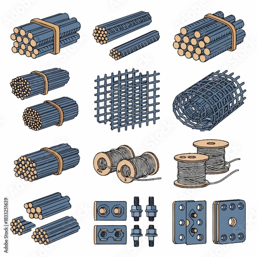 Various industrial metal products and construction materials.