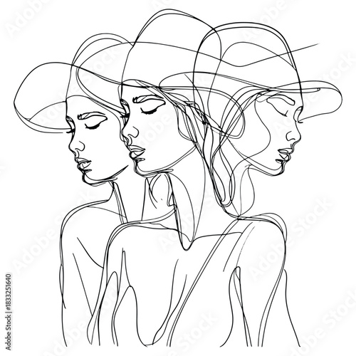 Elegant triple line art woman portrait with hat in minimalist continuous drawing style