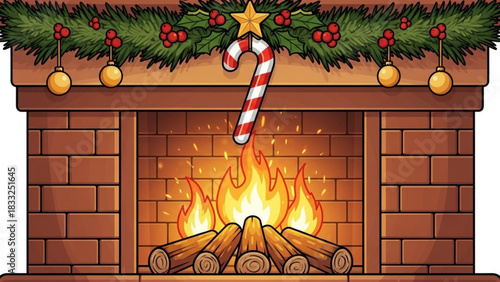 Cozy christmas fireplace with burning logs festive garland holly berries golden ornaments a star and a candy cane hanging above the warm glowing fire