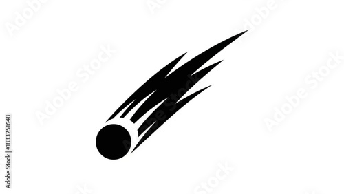 Simple black and white illustration of a comet streaking across the sky with a bright tail behind it