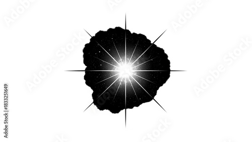 Abstract image of a bright starburst emanating from a dark cloud with radiating lines on white background
