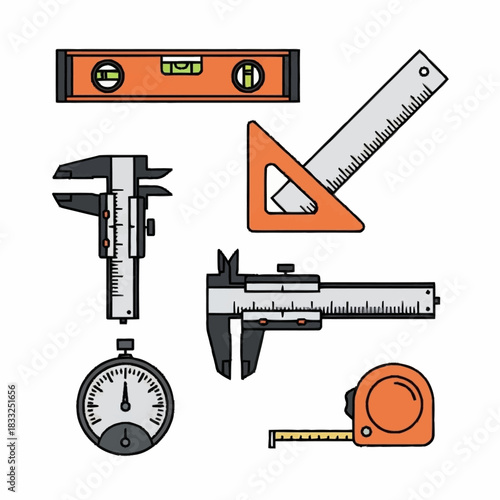 Assorted measuring instruments for construction and engineering work.