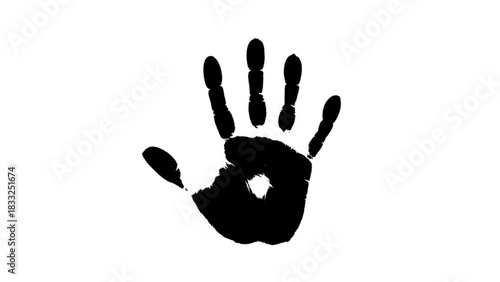 Black handprint with visible fingers and palm on a white background in a simple graphic style