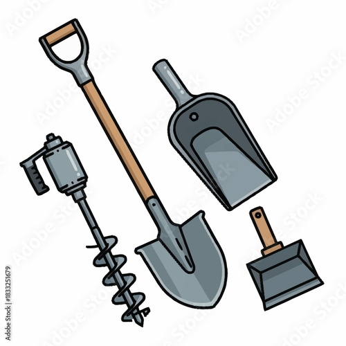 Collection of various digging tools including a shovel, scoop, and earth auger.