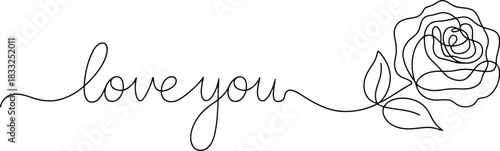 A single continuous line drawing spells love you and forms a delicate blooming rose flower with leaves