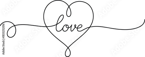 A single fluid line drawing creates a heart shape with the lowercase word love inside