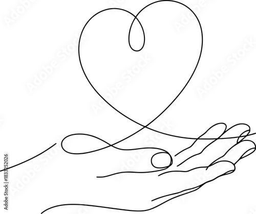 A single human hand holding an elegant continuous line heart shape on a pristine white background