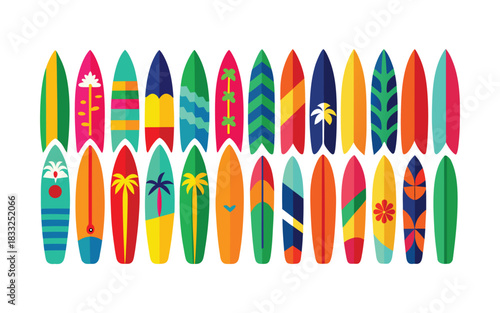A stylized vector illustration of a large collection of colorful surfboards with different tropical and geometric patterns