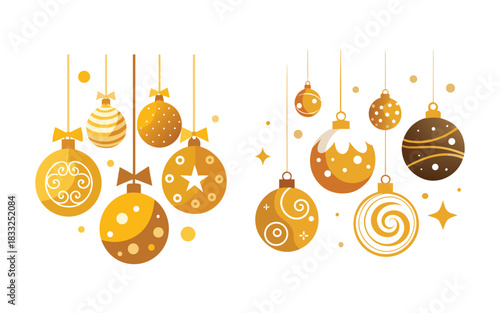 An elegant collection of hanging golden Christmas ornaments, each adorned with unique festive patterns like swirls, stars, and stripes for holiday decoration