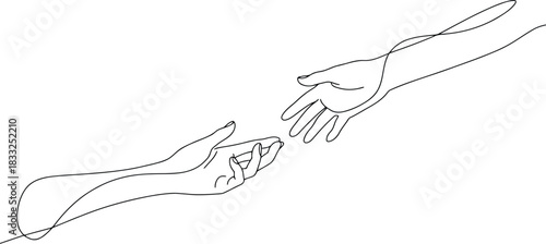 Elegant continuous line illustration shows two graceful hands reaching towards each other on a clean white field