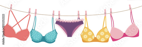 Colorful Lingerie And Bra Collection Hanging On Clothesline In Flat Vector Illustration Style Featuring Women Underwear Sets For Fashion Design, Apparel Display, And Modern Decorative Artwork
