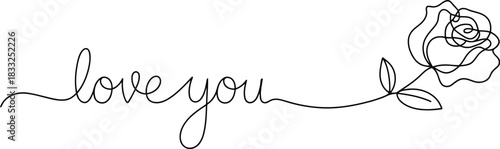 Elegant handwritten script spelling love you gracefully connected to a single detailed rose outline