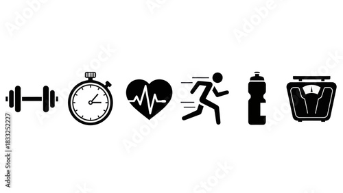 Collection of simple black icons representing fitness, health, and exercise