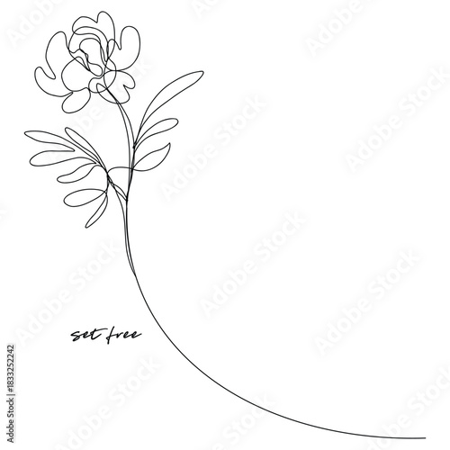 Delicate one line flower illustration with curved stem and set free text for minimalist design