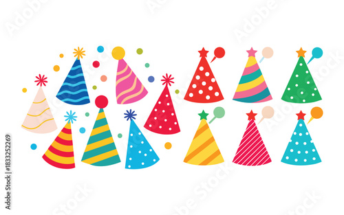 This image displays a vibrant assortment of illustrated party hats, a colorful icon set for birthday and celebration events