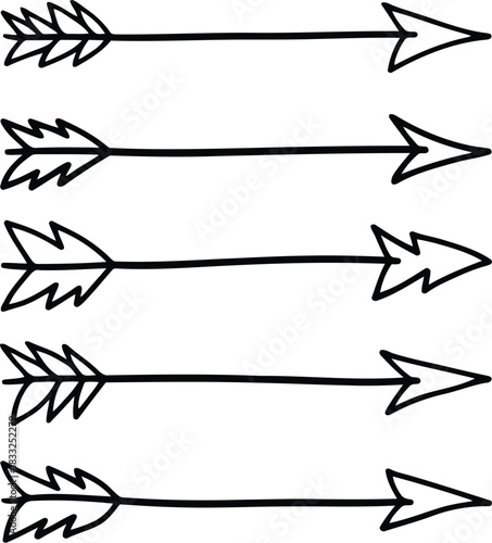 Five simple hand drawn black arrows pointing forward indicating direction or progression on a white background