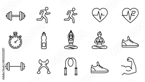 Collection of simple line art icons representing fitness and health activities.
